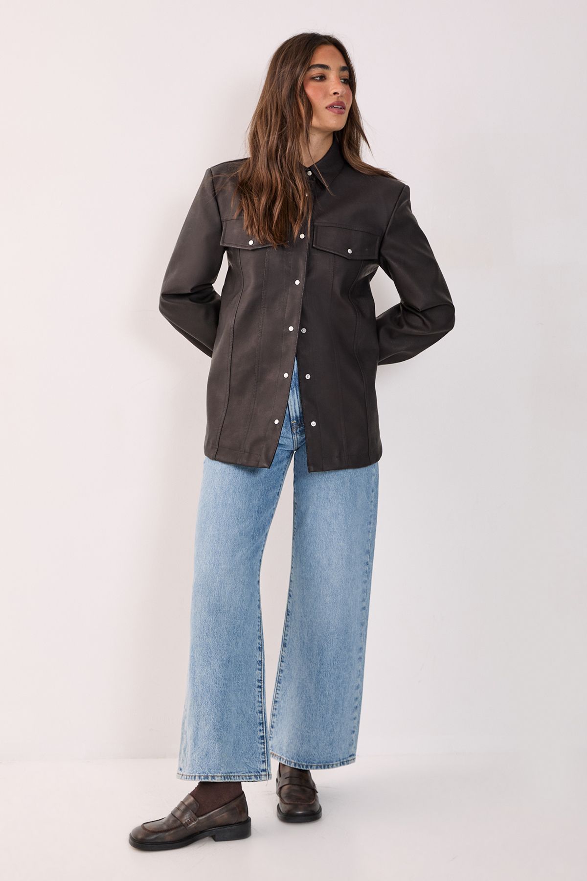 NastyGal Western Faux Leather Shoulder Pad Shirt Chocolate image 2