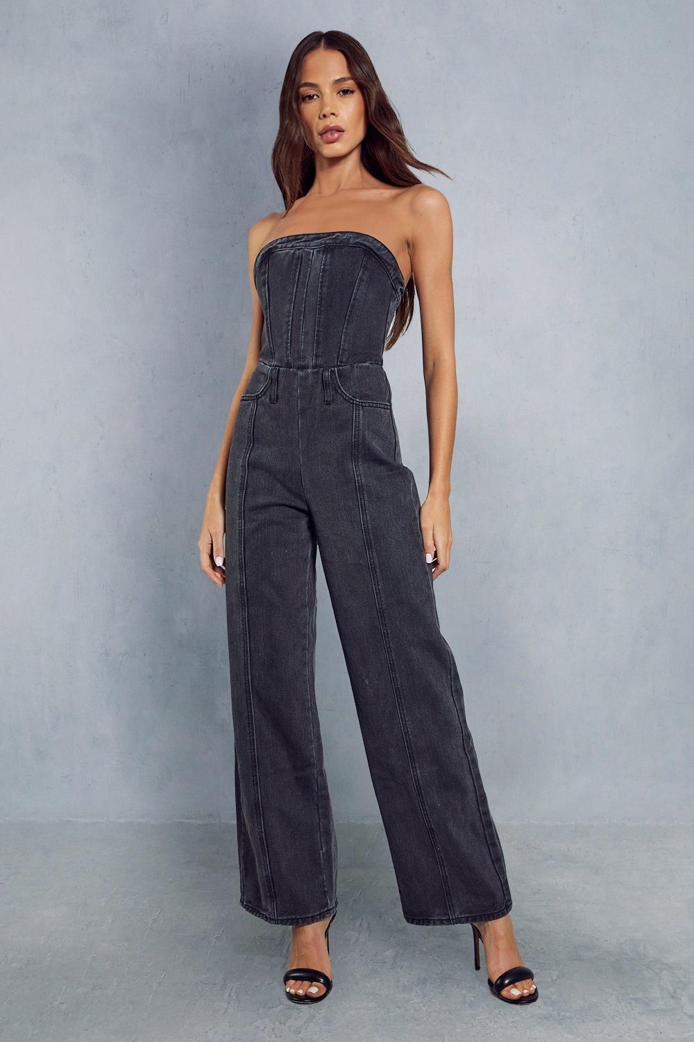 MissPap Bandeau Denim Wide Leg Jumpsuit Washed Black image 1
