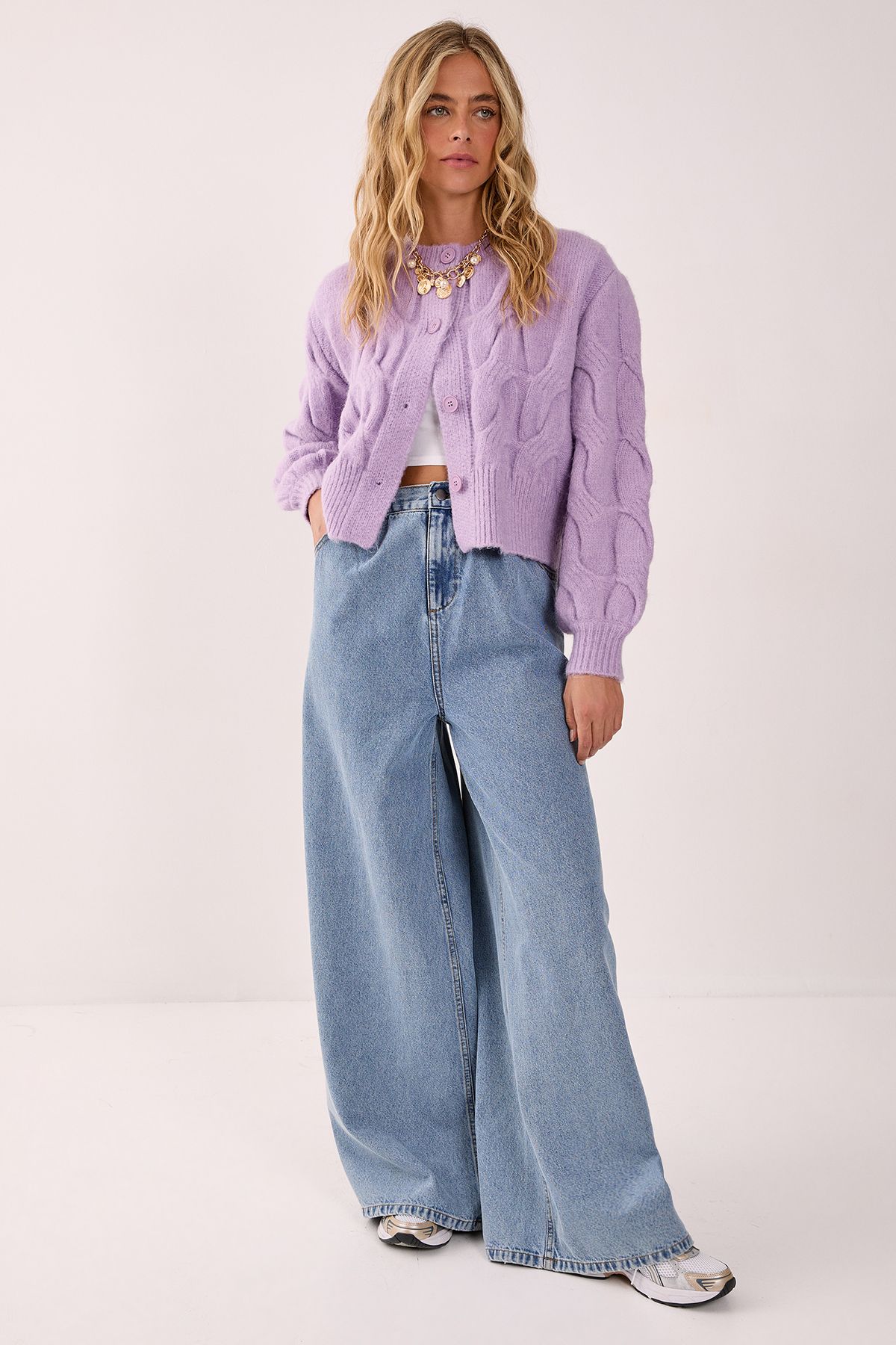 NastyGal Cable Boxy Button Through Cardigan Lilac image 2
