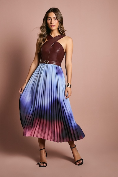 Coast Sleeveless PU Midi Dress With Cross Neck And Belt Burgundy