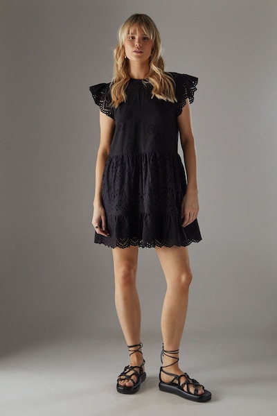 Warehouse Broderie Mix Tier Mini Smock Dress Black