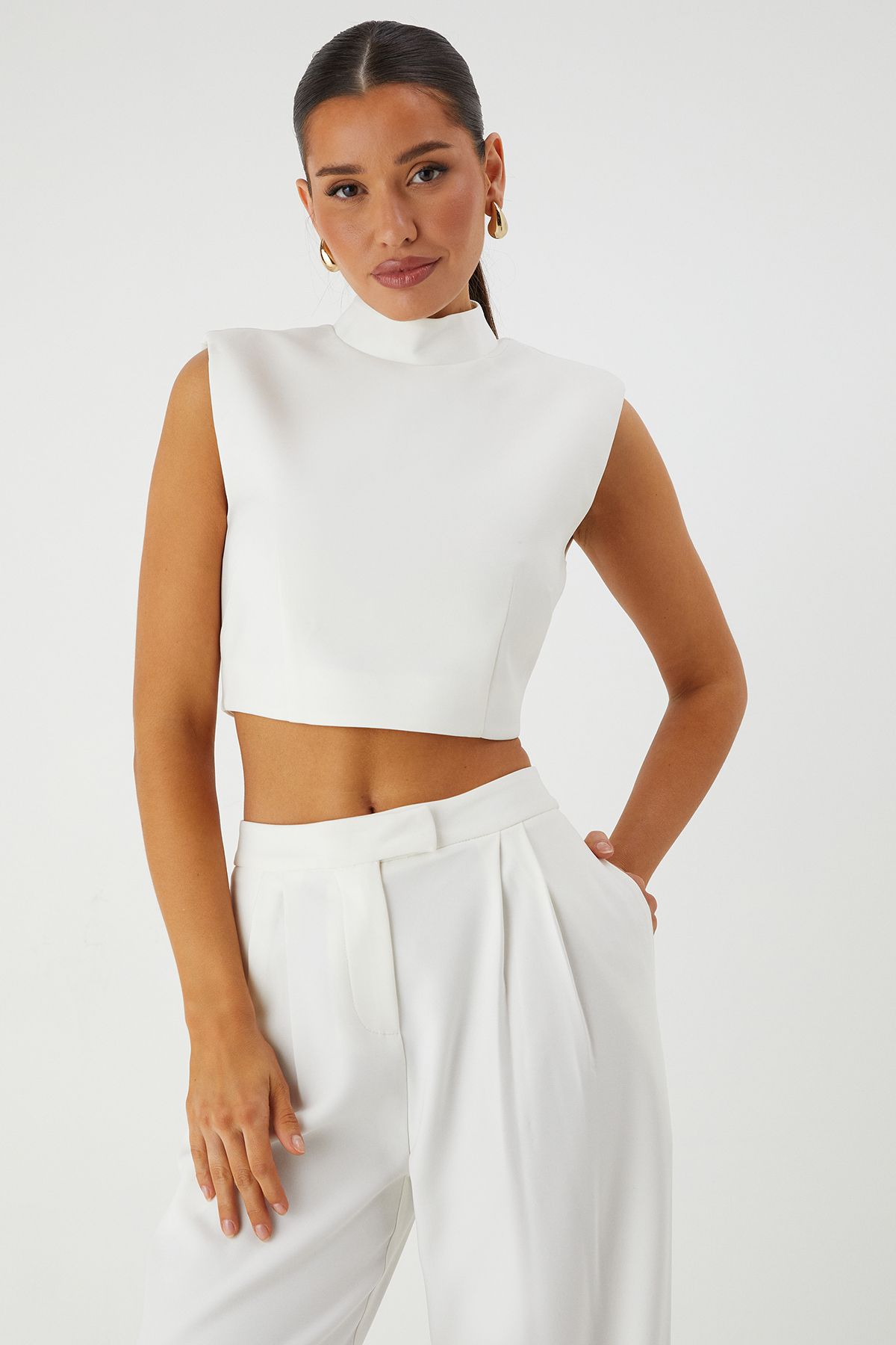 MissPap Shoulder Pad Top and Tailored Trouser Co Ord White image 2