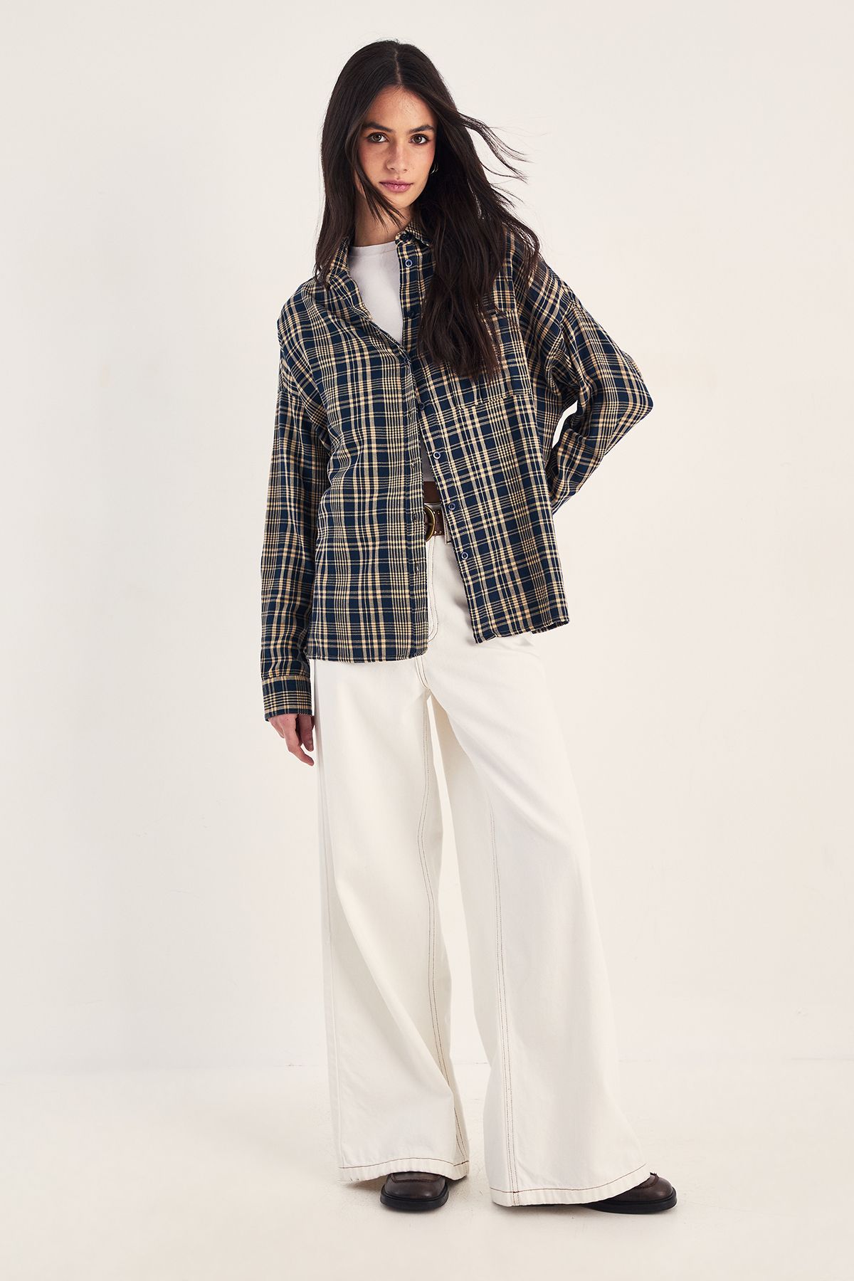 NastyGal Check Oversized Shirt Blue image 1