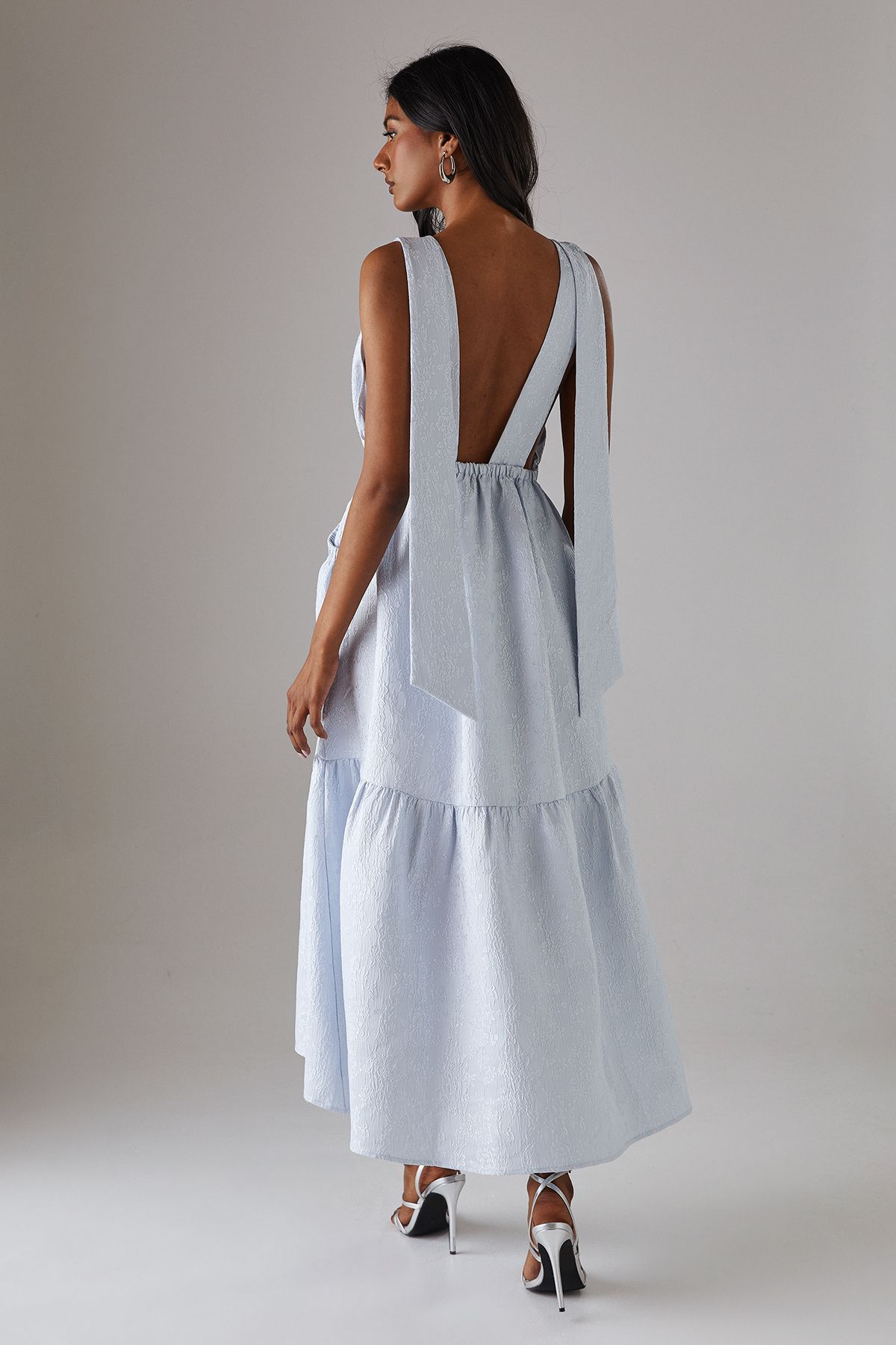 Warehouse Jacquard Plunge Tie Pocket Midi Dress Pale Blue image 3