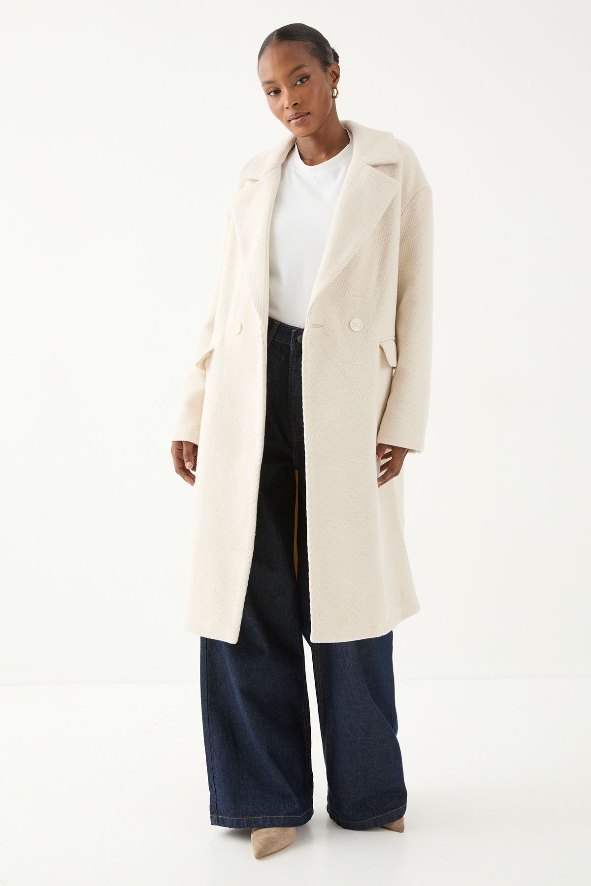 MissPap Wool Look Textured Coat Cream image 1
