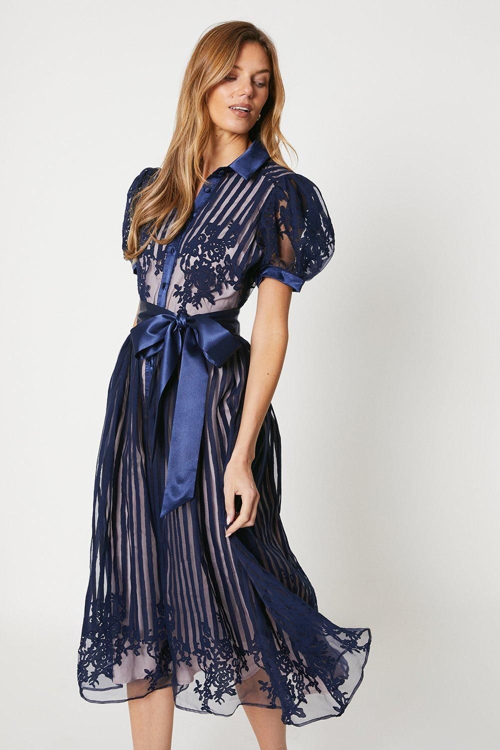 Coast Placement Stripe Organza Puff Sleeve Shirt Dress Navy image 4