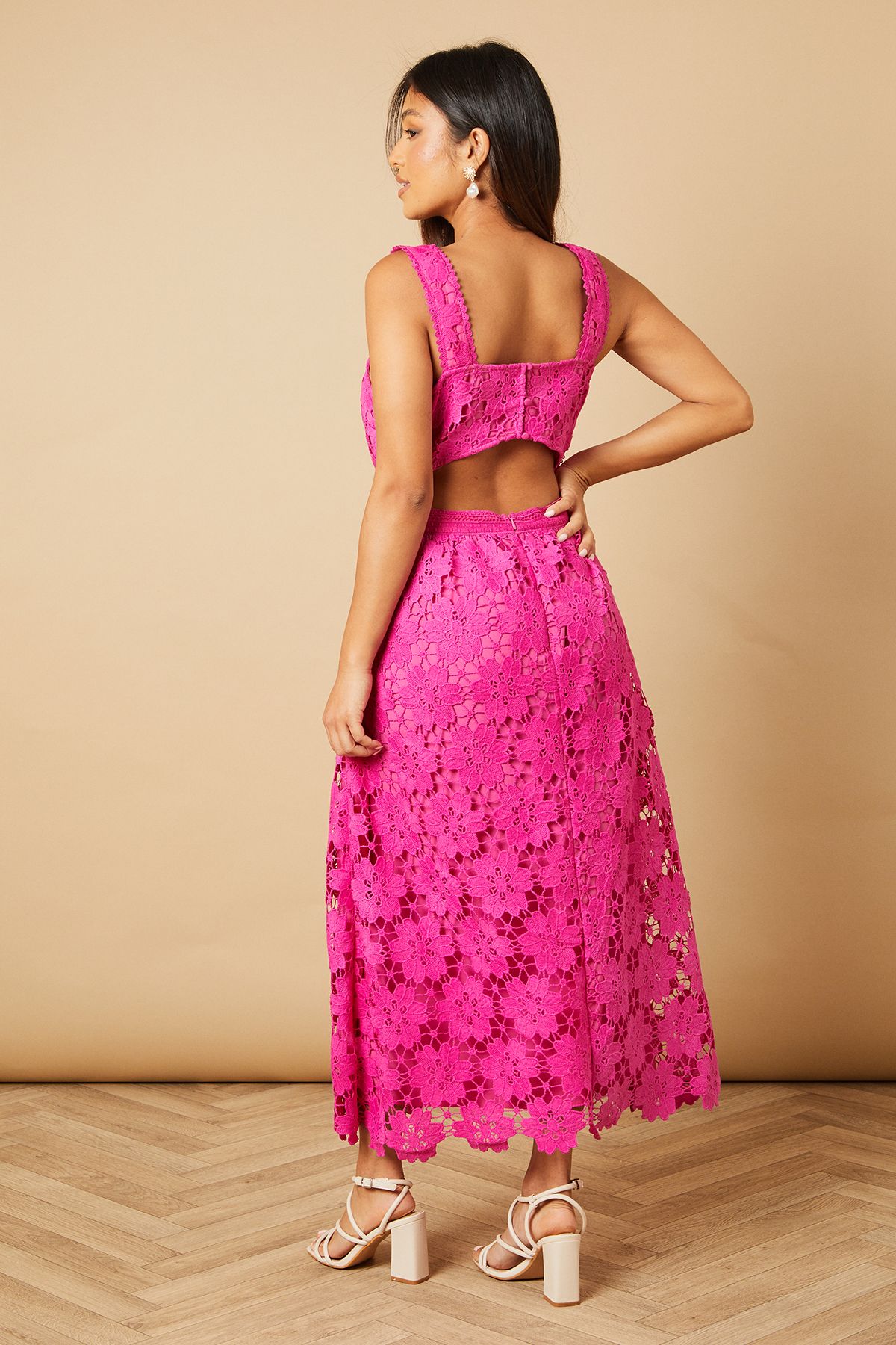 Oasis Petite Floral Lace Detail Square Neck Midi Dress Ballerina Pink image 4