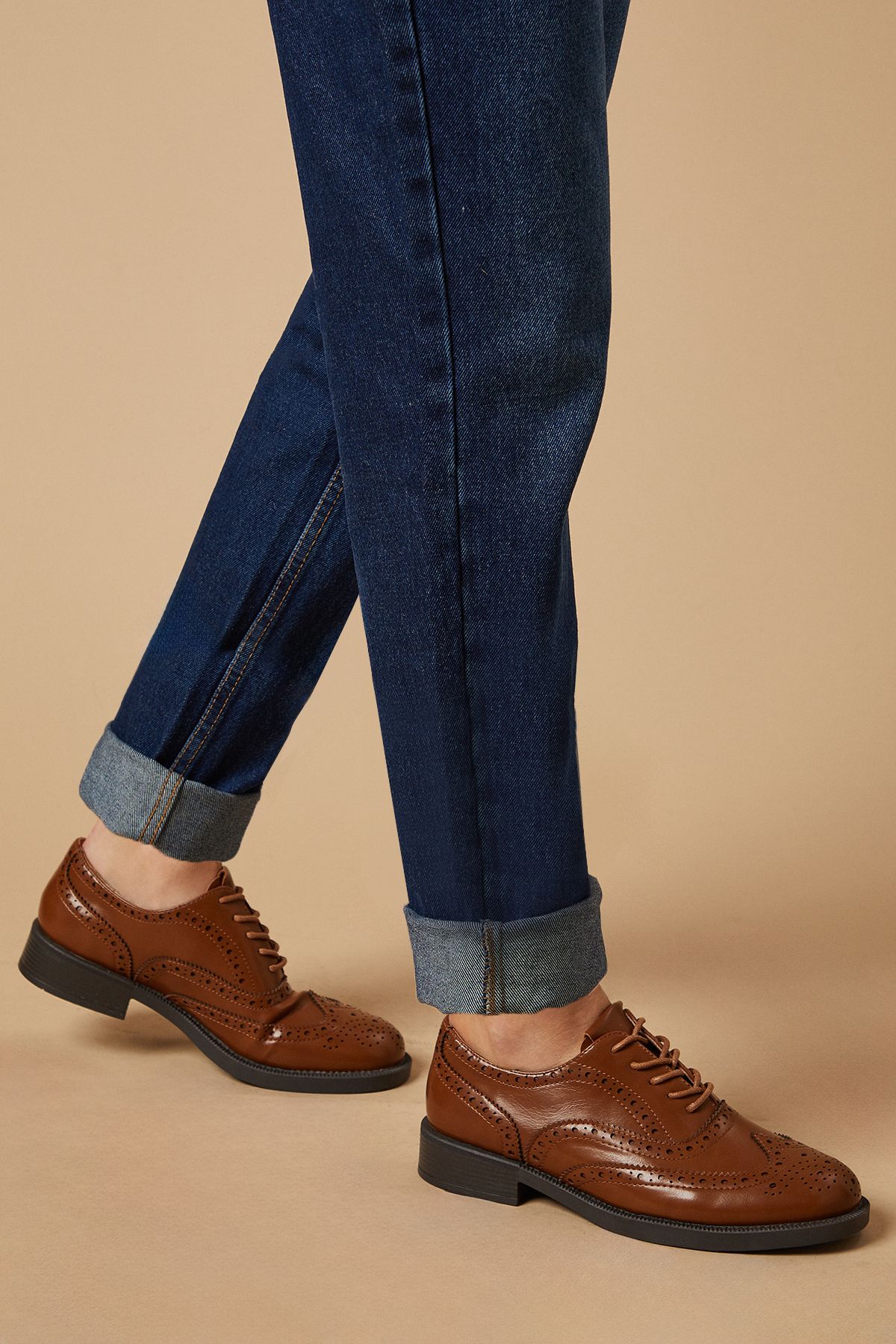 Oasis Sanya Faux Leather Brogue Detail Lace Up Flat Shoes Tan image 4