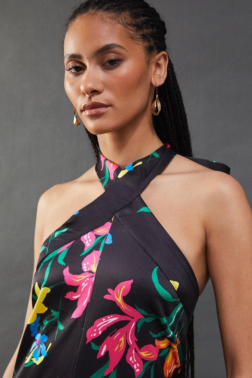 Warehouse Floral Satin Halterneck Jumpsuit Black image 2