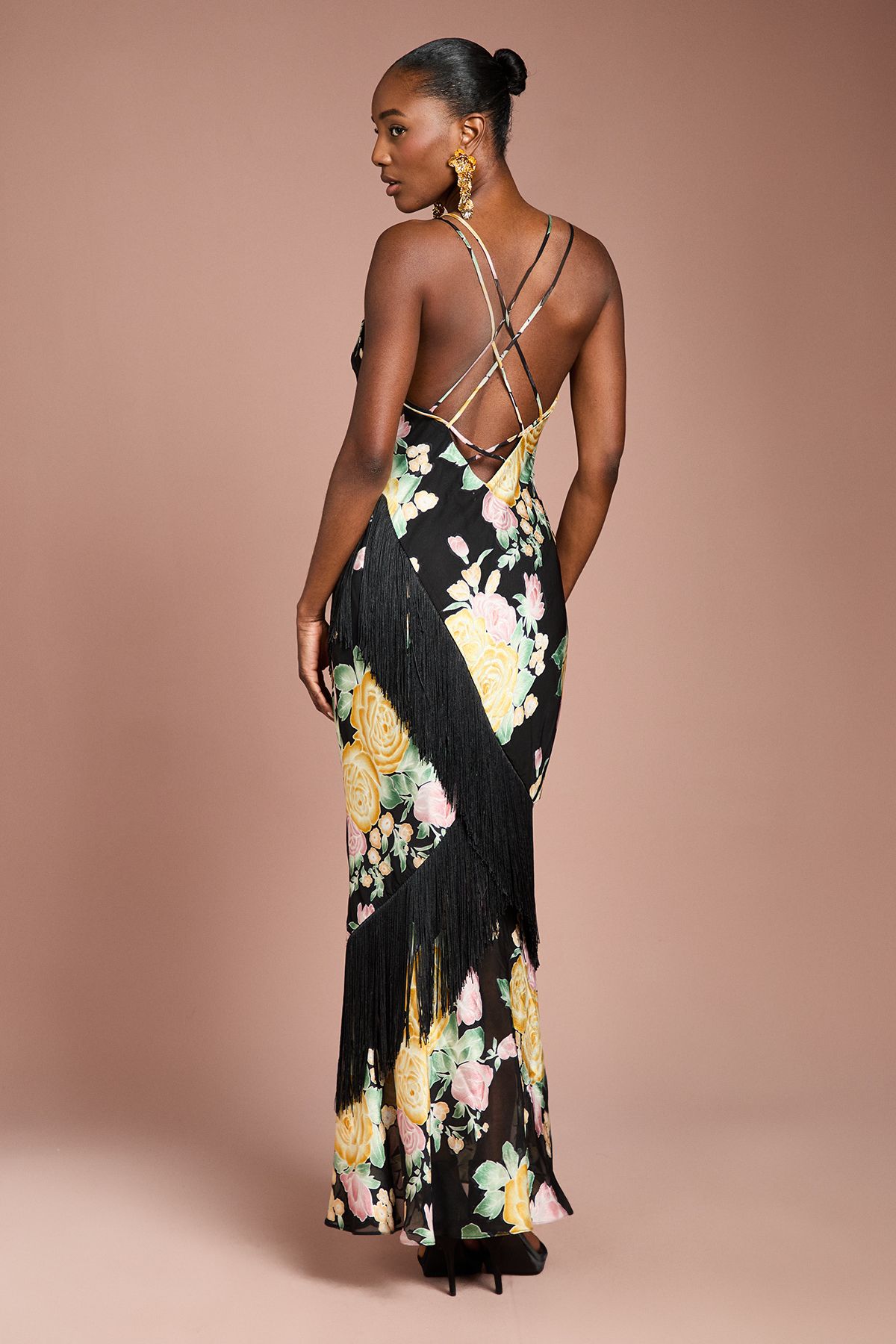 Coast Strappy Satin Jacquard Fringe Detail Maxi Dress Black image 3