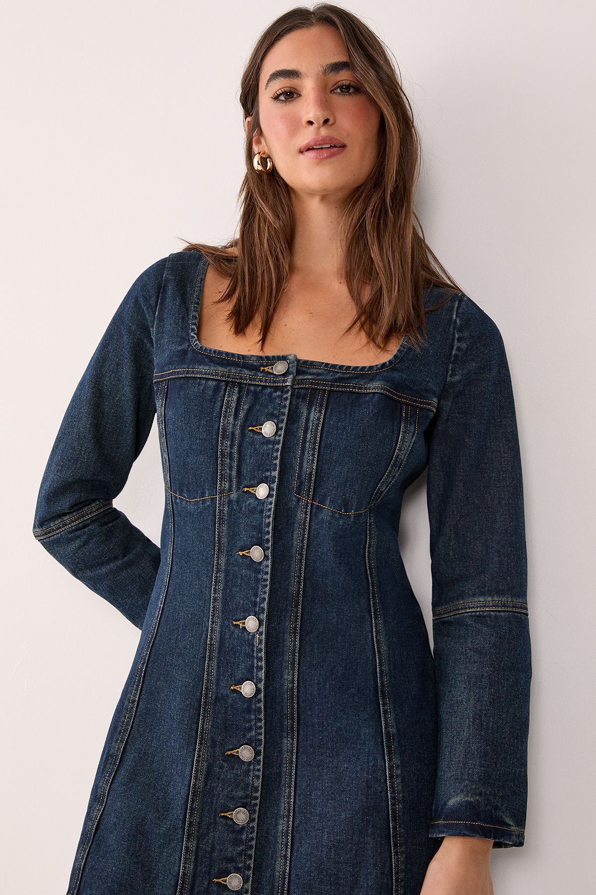 NastyGal Button Through Long Sleeve Denim Corset Mini Dress Indigo image 3