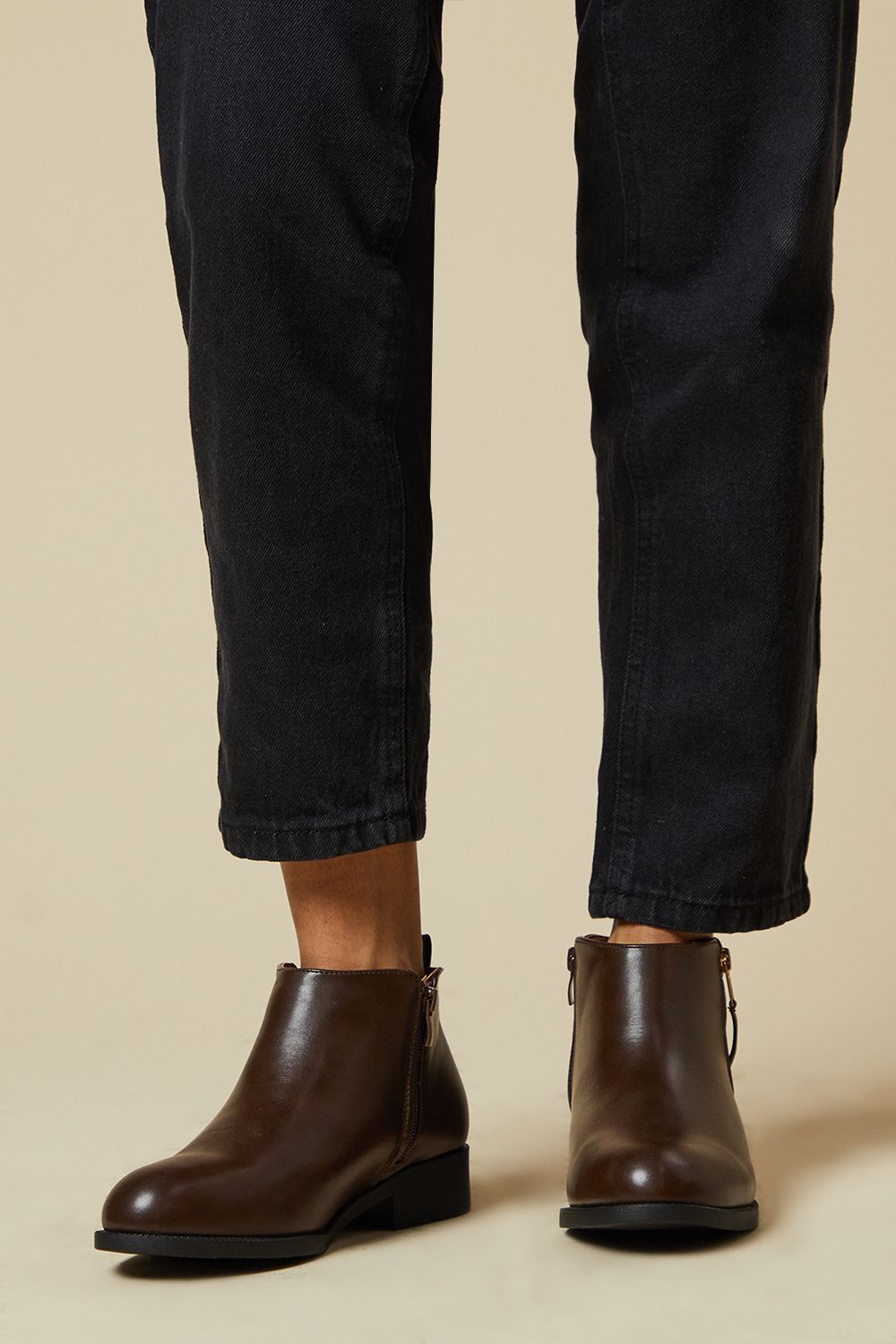 Dorothy Perkins Wide Fit Maddy Side Zip Flat Ankle Boots Dark Brown image 1