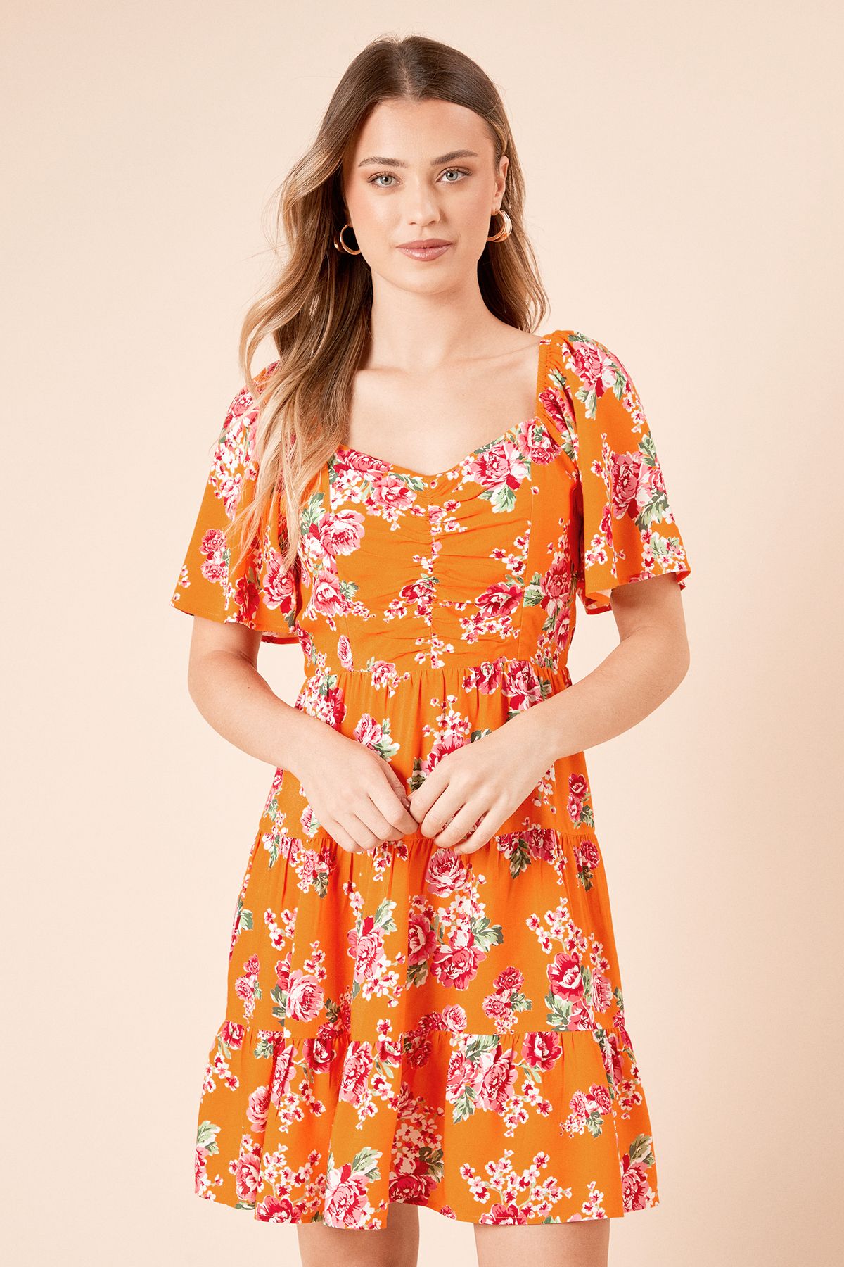 Dorothy Perkins Floral Angel Sleeve Tiered Mini Dress Floral image 2
