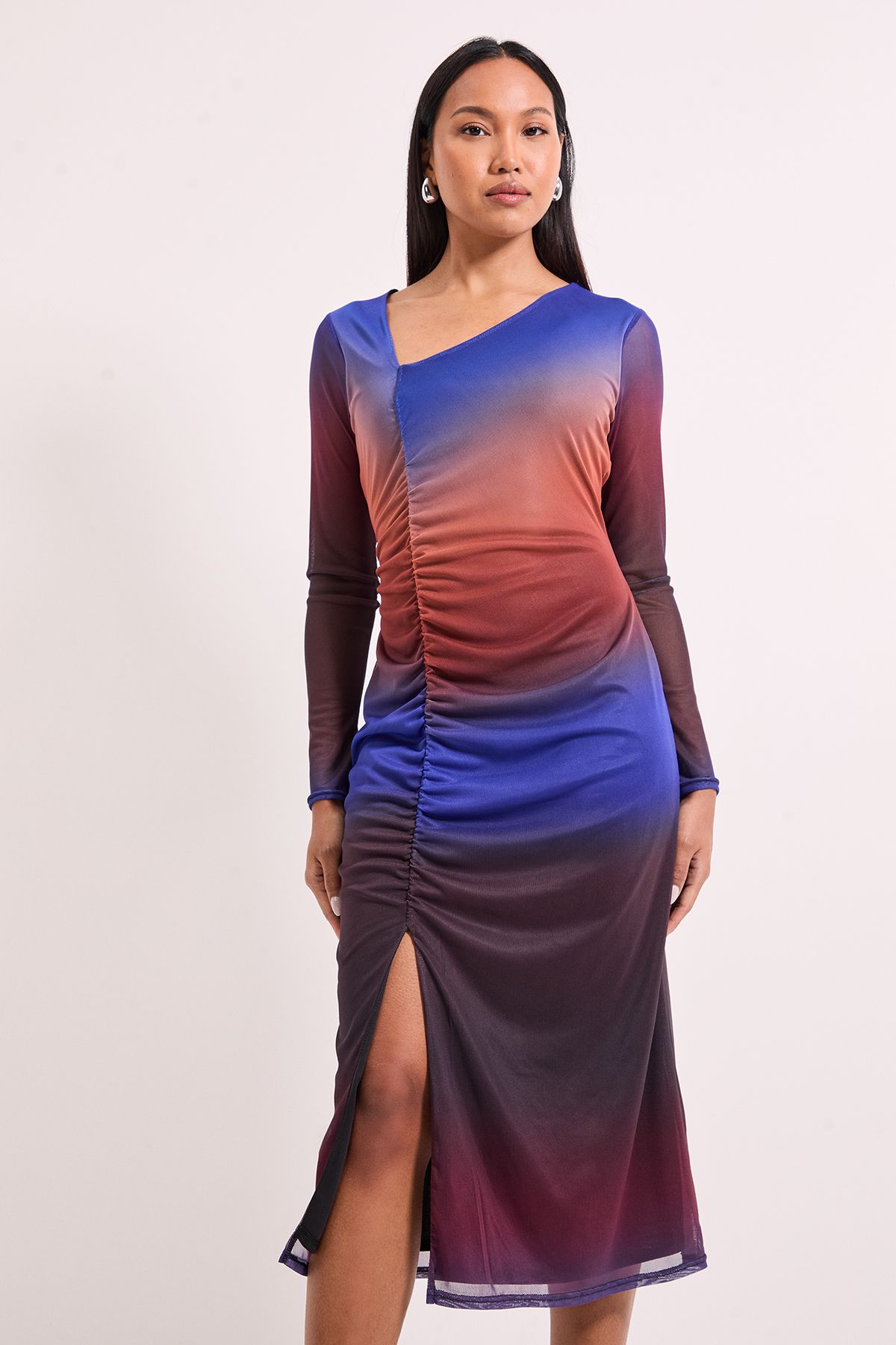 Principles Ruched Draw Chord Detail Ombre Mesh Midi Dress Blue image 4