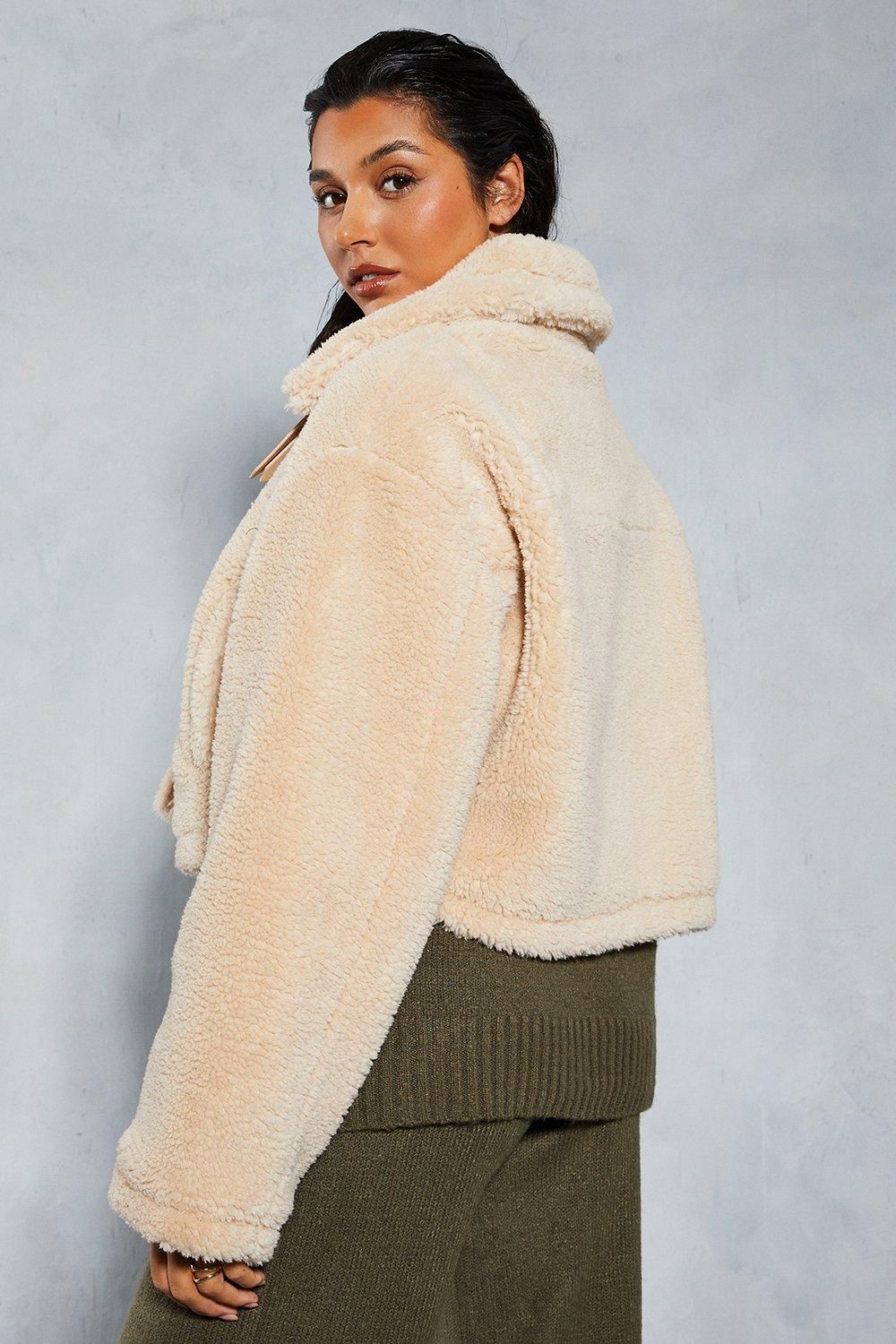 MissPap Borg Buckle Detail Cropped Aviator Jacket Cream image 3