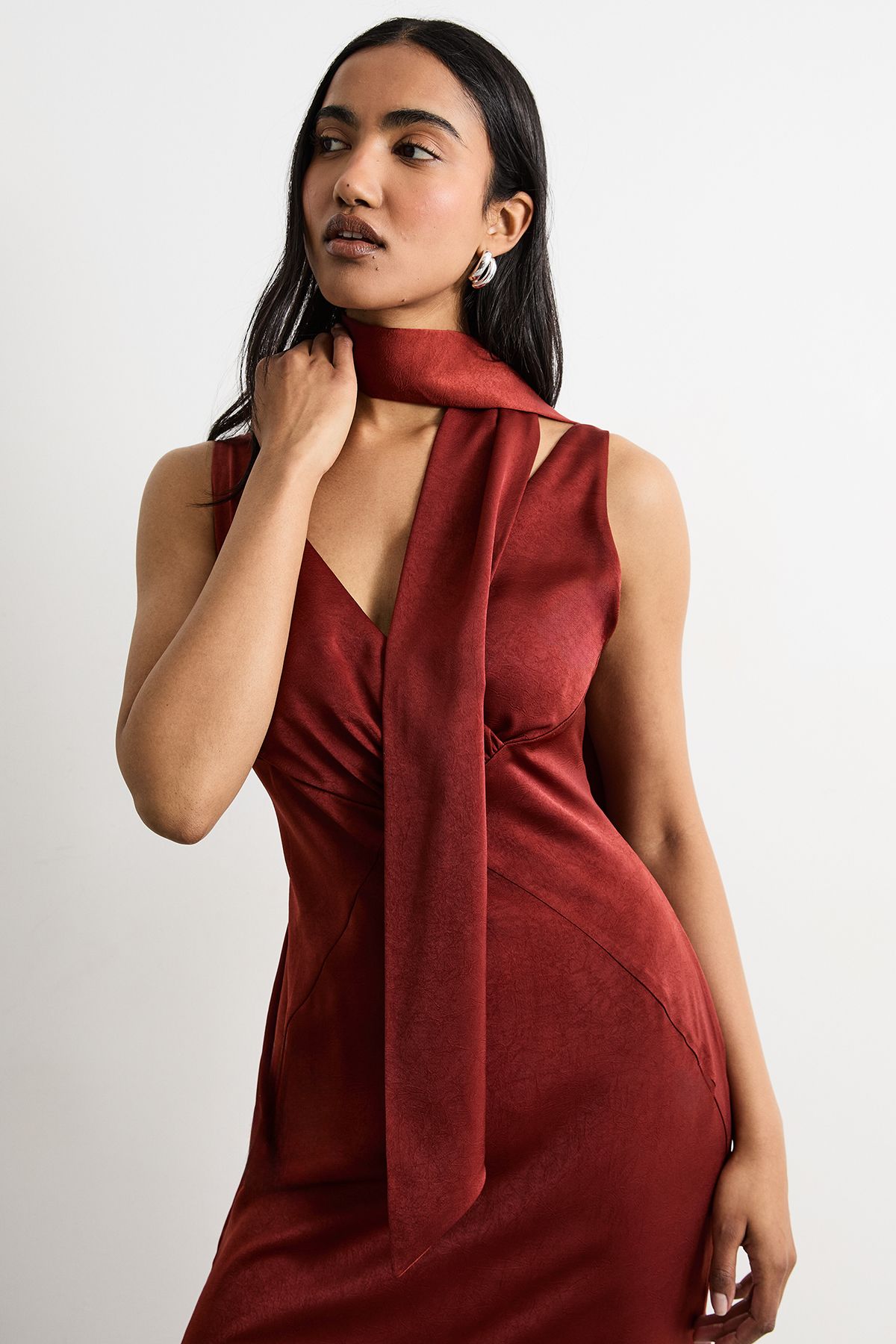 Warehouse Plain Scarf Detail Tie Neck Maxi Dress Rust image 2