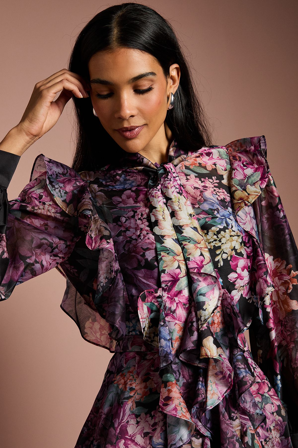 Coast Long Sleeve Frill Trim Organza Blouse With Tie Neck Multi image 4