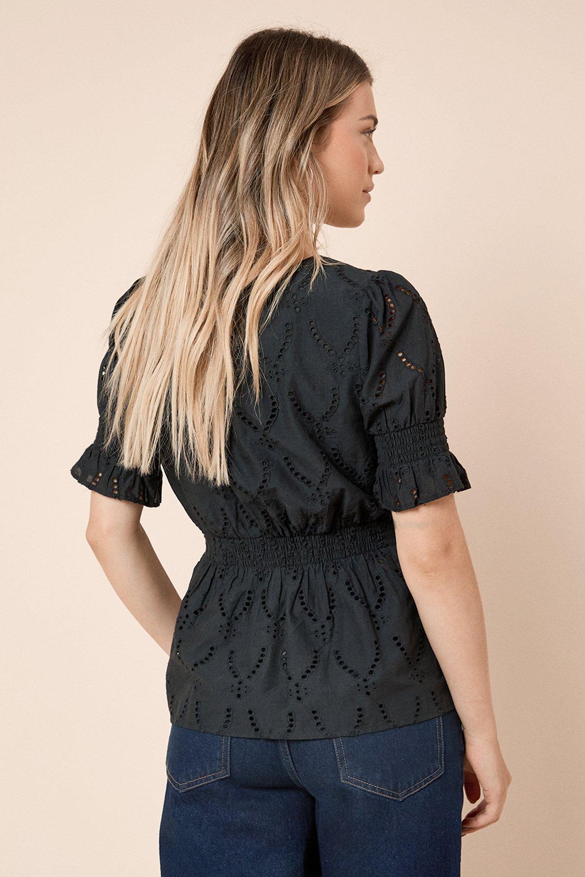 Dorothy Perkins Broderie Shirred Hem Tie Front Top Black image 3