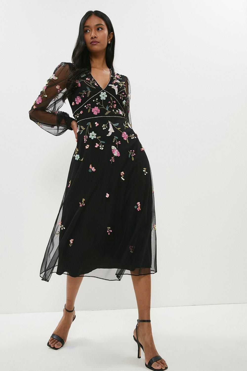 Coast Embellished Trim Long Sleeve Midi Dress Black image 2