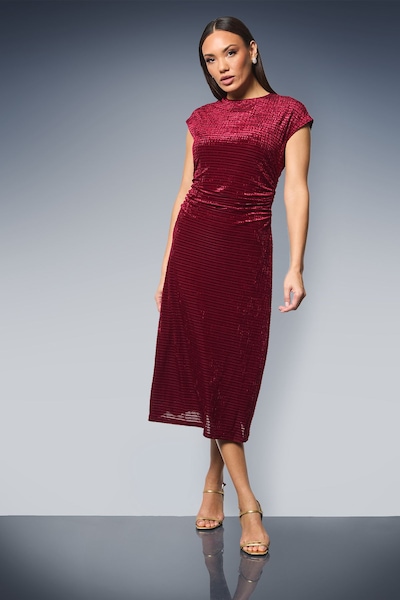 Principles Striped Velvet Ruched Waist Midi Dress Berry