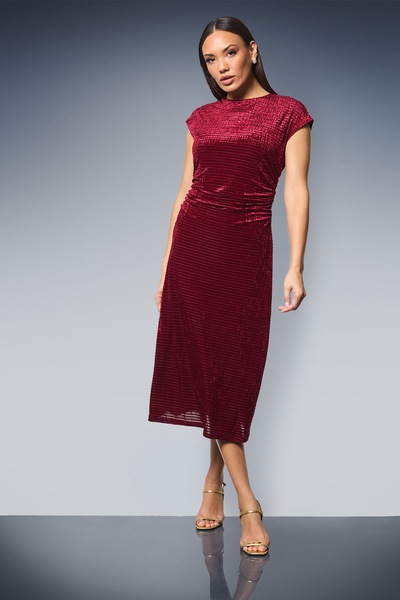 Principles Striped Velvet Ruched Waist Midi Dress Berry