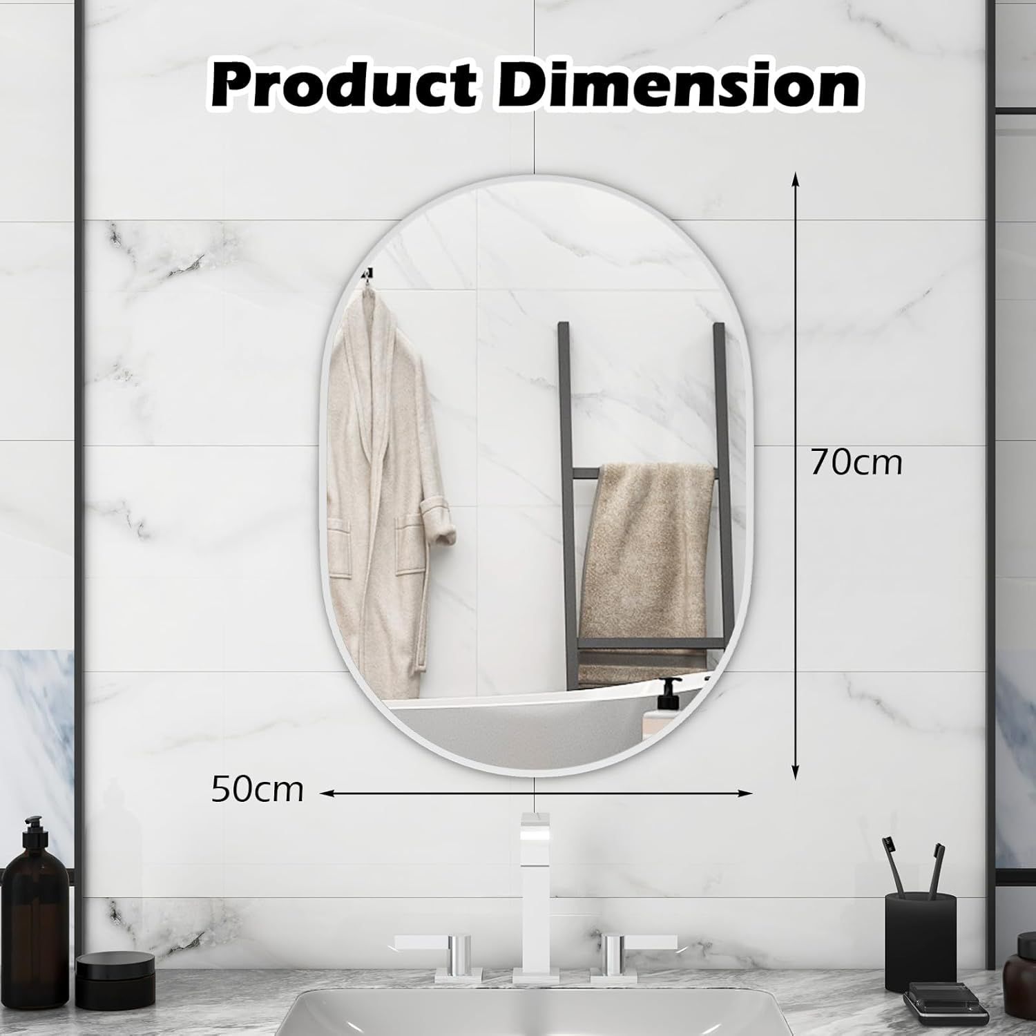 Gymax Oval Bathroom Mirror 70 CM x 50 CM Wall Vanity Mirror With Frame Black image 3