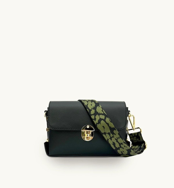 Apatchy London The Bloxsome Black Leather Crossbody Bag With Olive Green Cheetah Strap