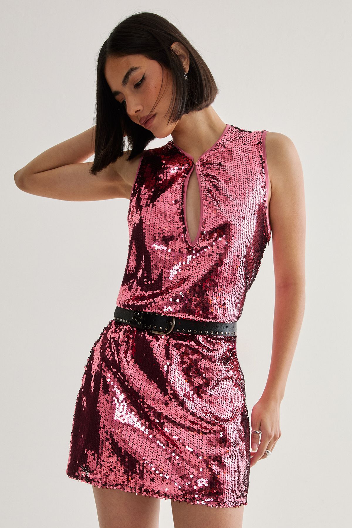 NastyGal Sequin Plunge Keyhole Blouson Mini Dress Rose Pink