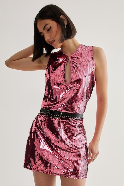 NastyGal Sequin Plunge Keyhole Blouson Mini Dress Rose Pink