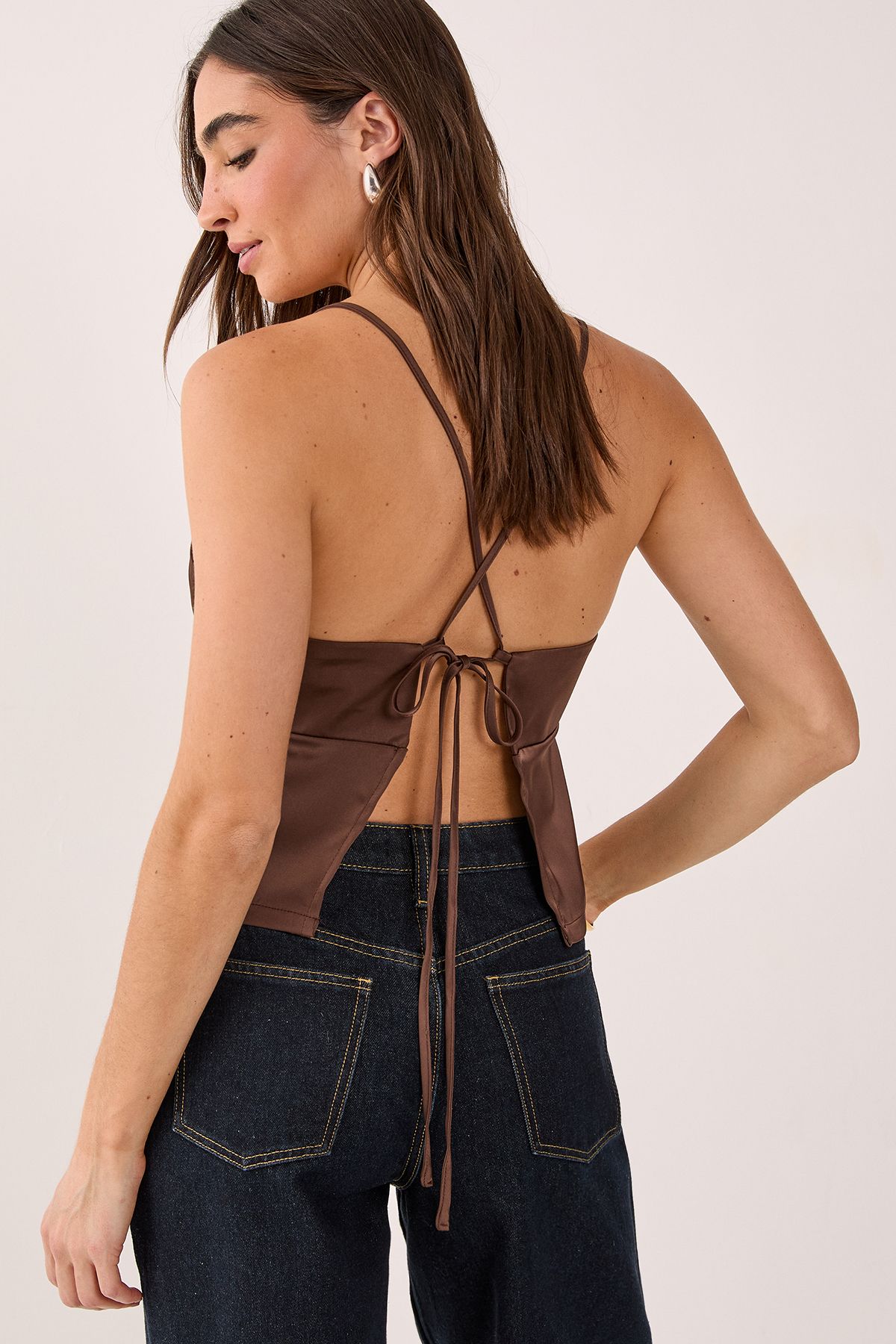 NastyGal Satin Tie Back Cami Top Chocolate image 1
