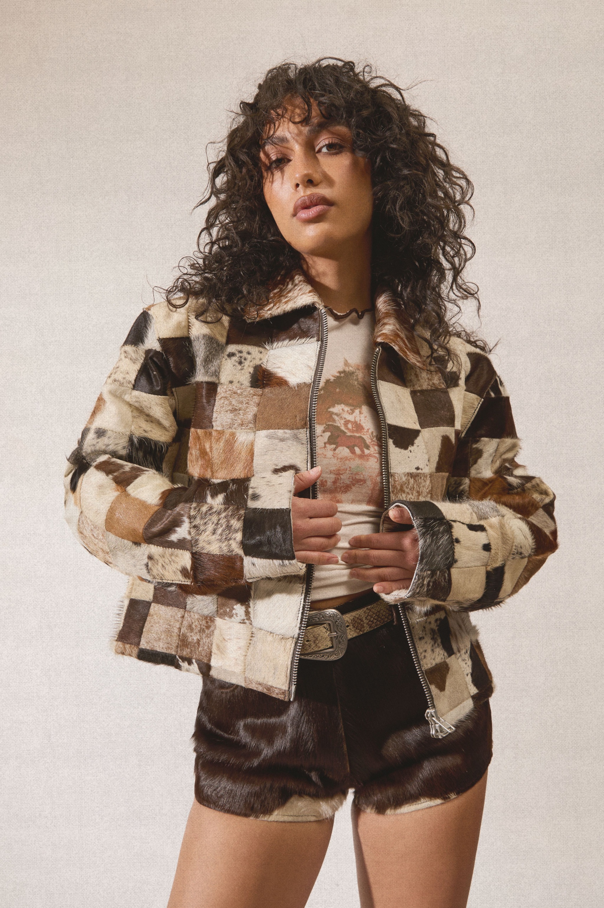 NastyGal Patchwork Cow Hide Real Leather Jacket Animal