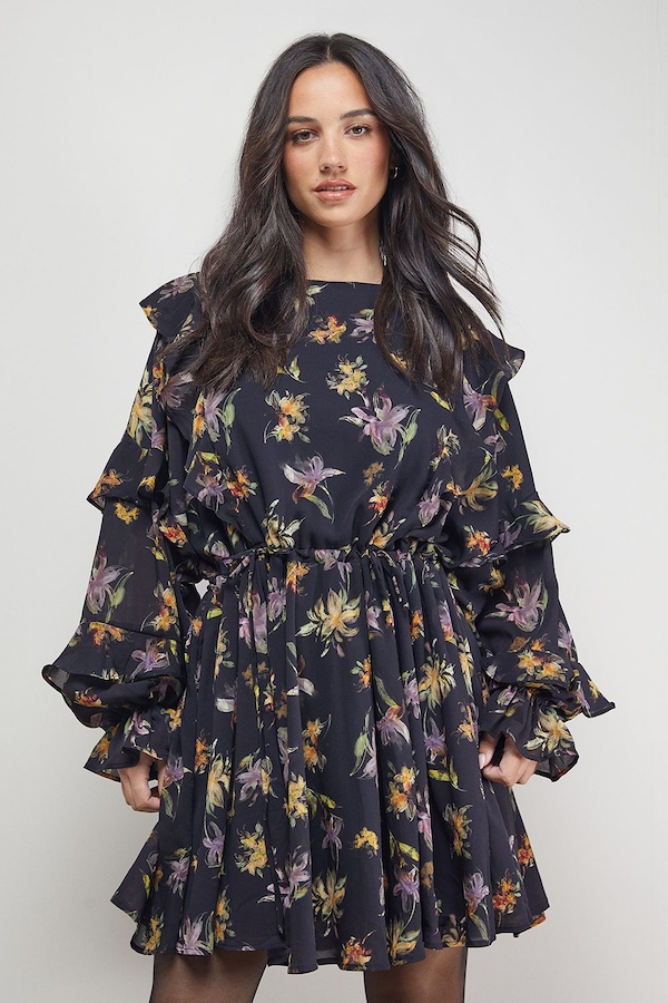 Oasis Printed Ruffle Batwing Sleeve Mini Dress Multi