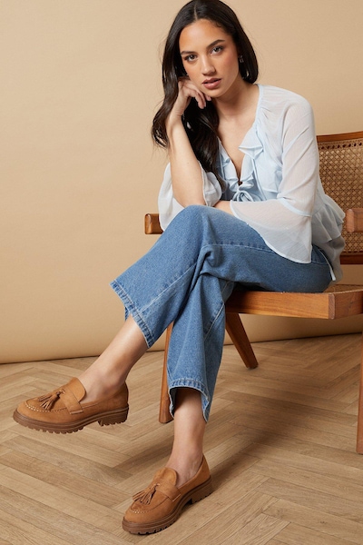 Oasis Barnie Faux Suede Tassel Chunky Loafers Tan