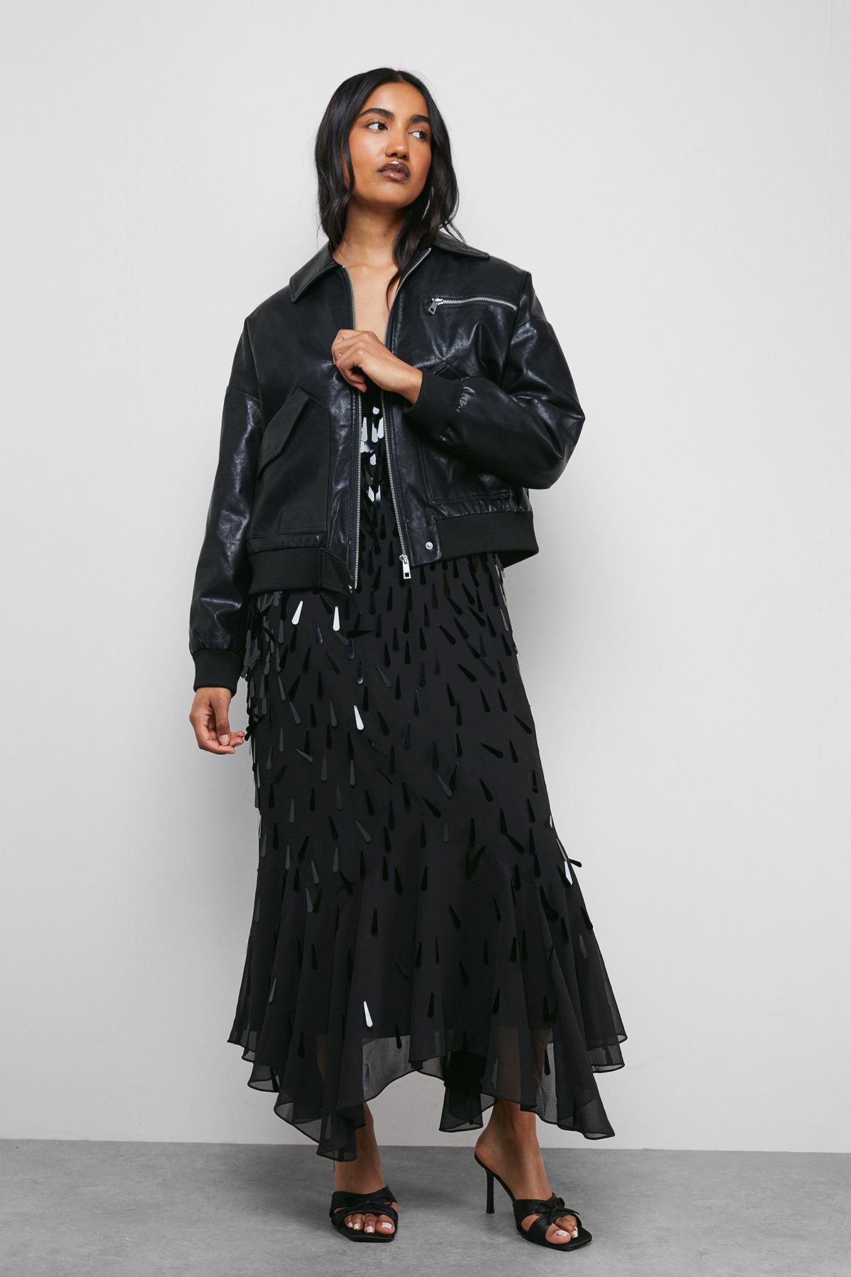 Warehouse Faux Leather Distressed Bomber Jacket Black image 2