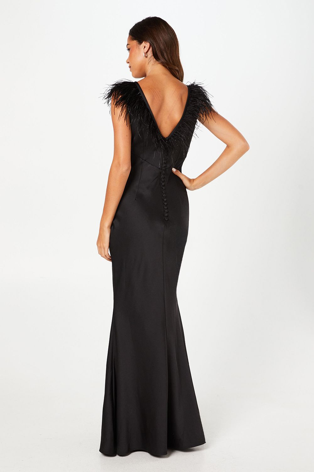Coast Feather Shoulder Detail V Neck Satin Black Maxi Dress Black image 3