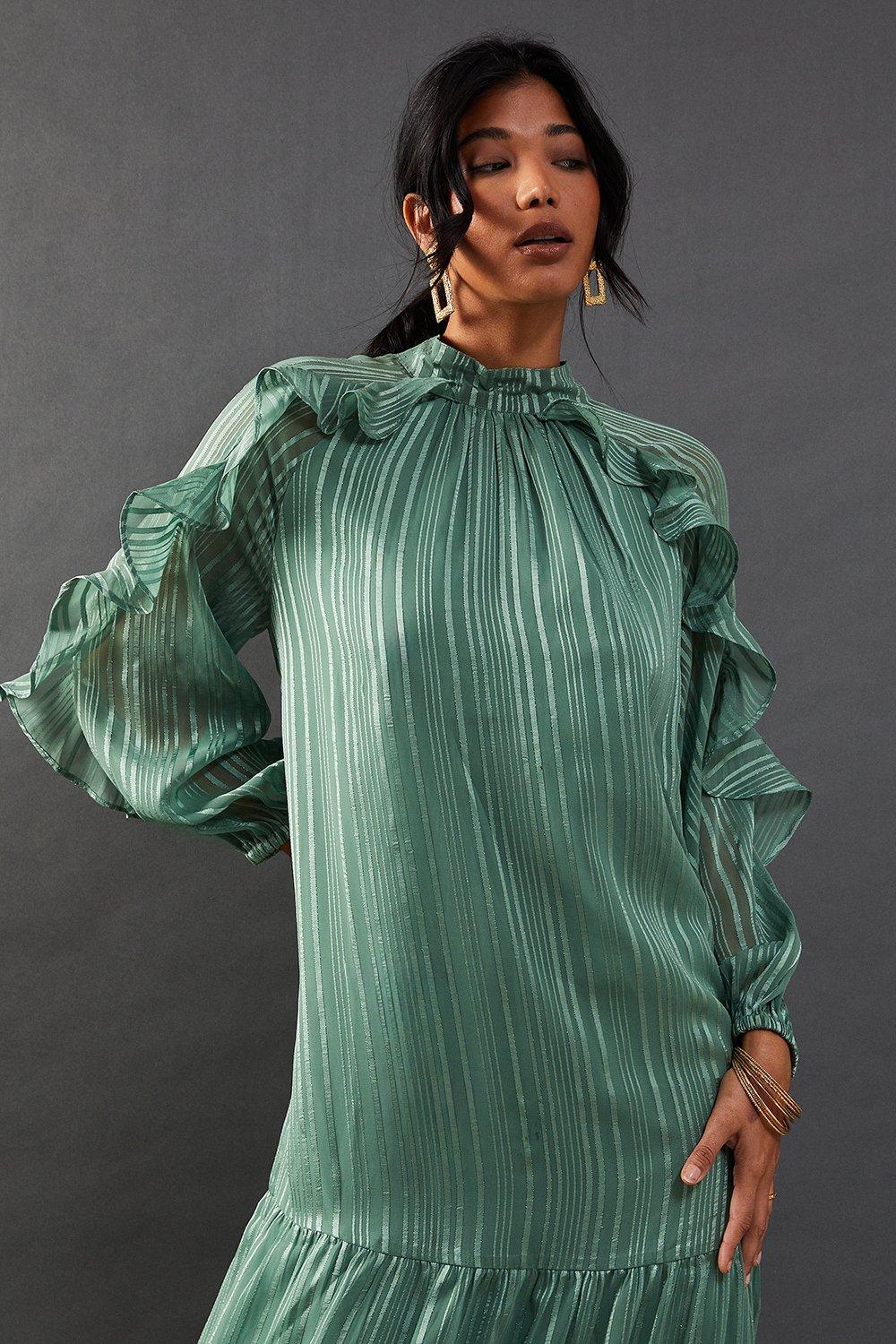 Warehouse Shadow Stripe Tie Back Neck Ruffle Tier Midi Dress Olive image 4