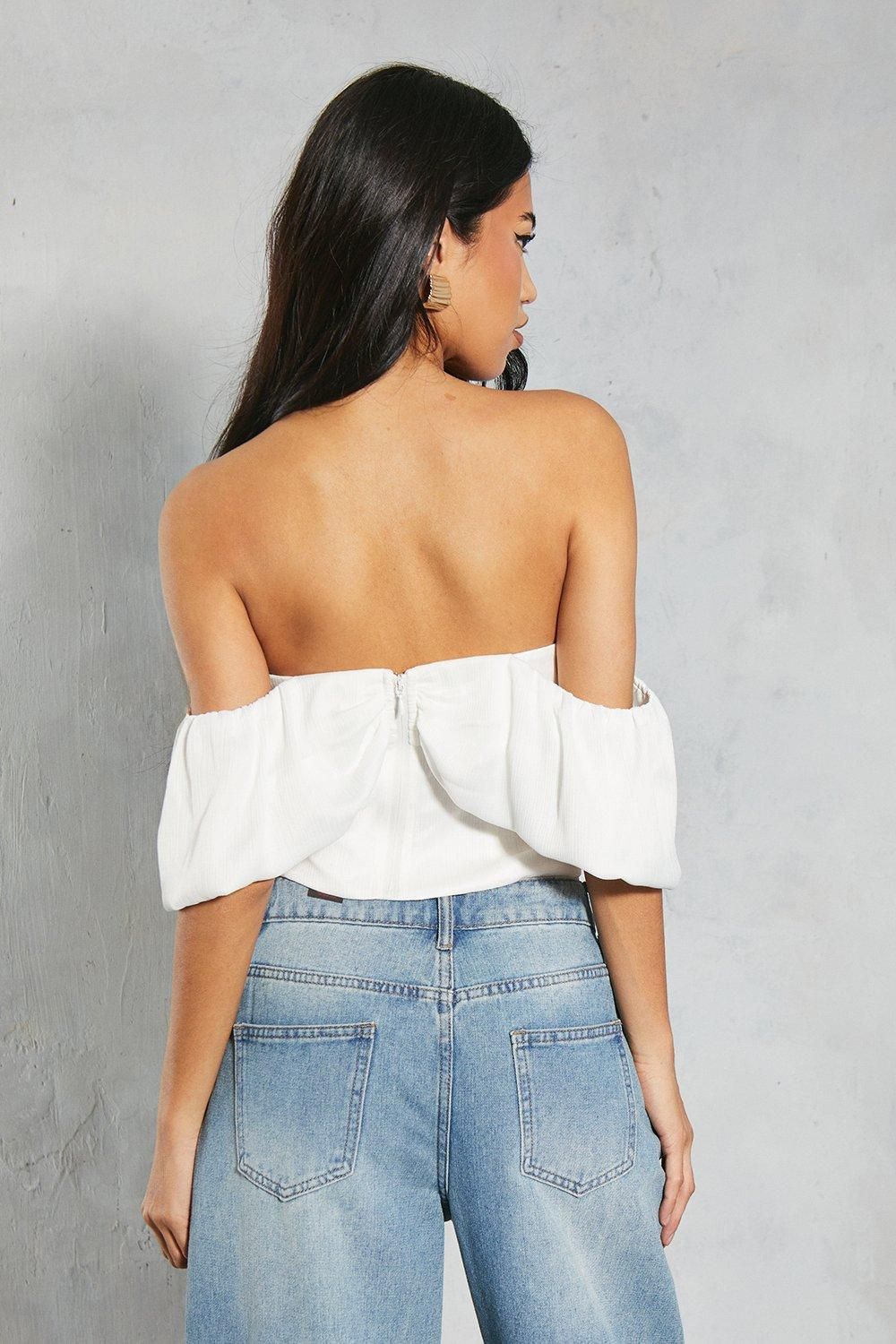 MissPap Textured Satin Pleated Bust Frill Bardot Top Ivory image 3