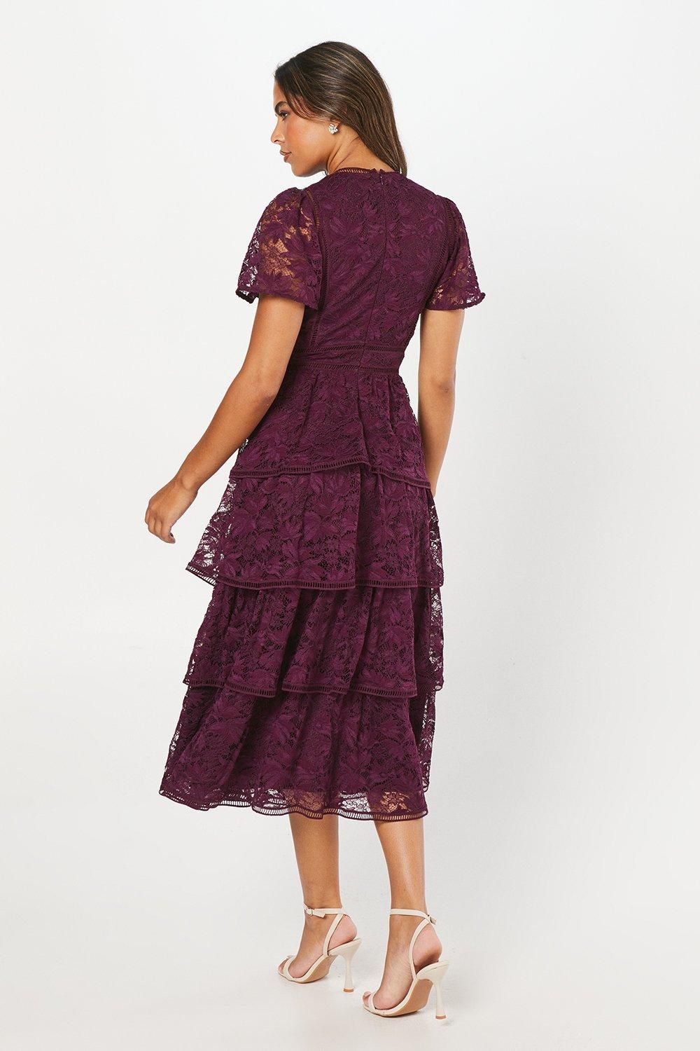 Coast Tiered Lace Dress With Flutter Sleeve & Trims Plum image 3