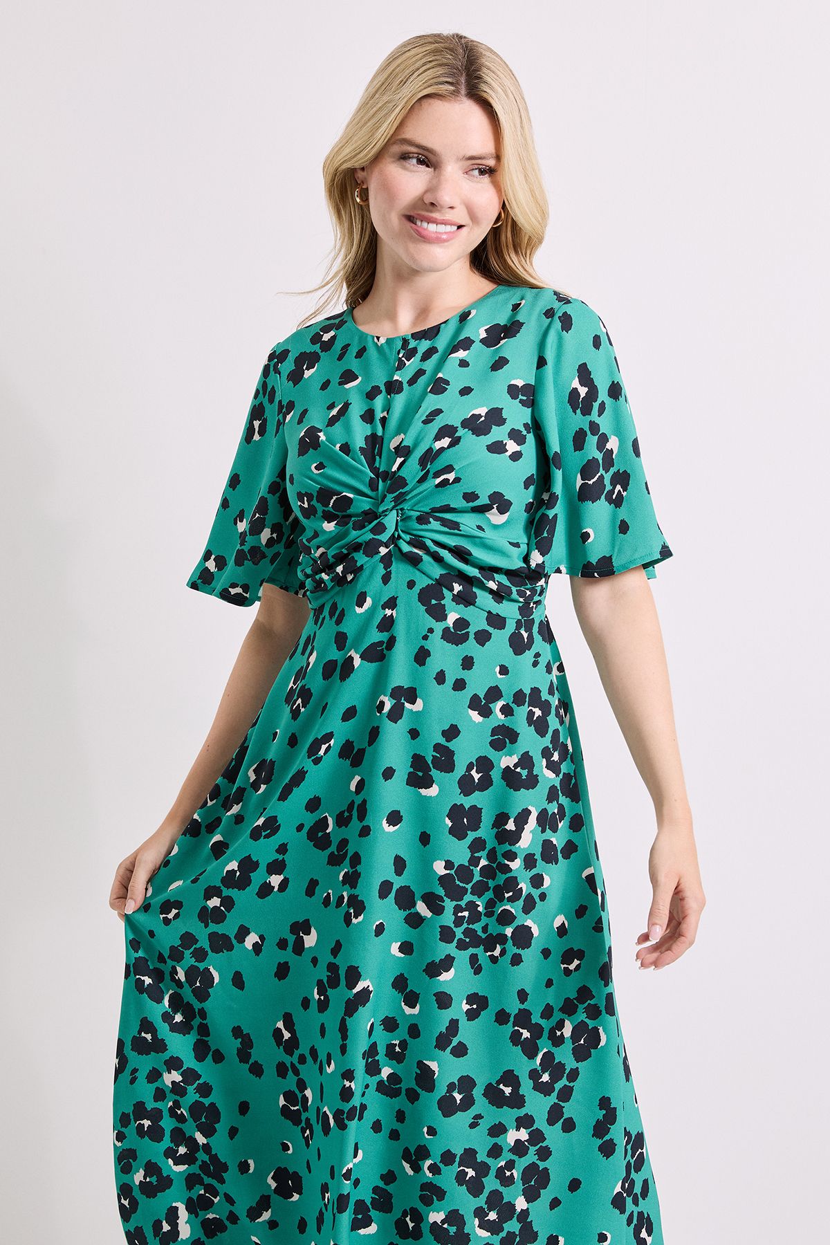 Dorothy Perkins Green Animal Twist Front Angel Sleeve Midi Dress Animal image 2