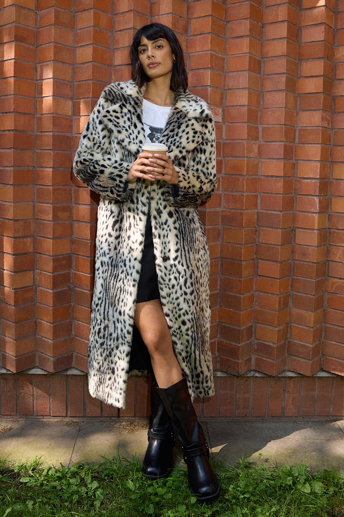 Warehouse Animal Maxi Collared Fur Coat Animal image 1