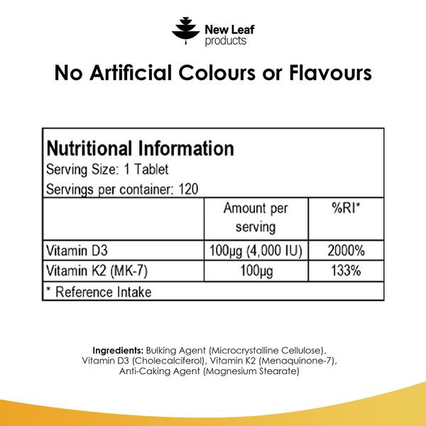New leaf health Vitamin D3 K2, Vitamin D3 4000iu + Vitamin K2 100mcg, Supports Immunity, Calcium Absorption and Bone Health 120 Vegetarian Tablets image 6