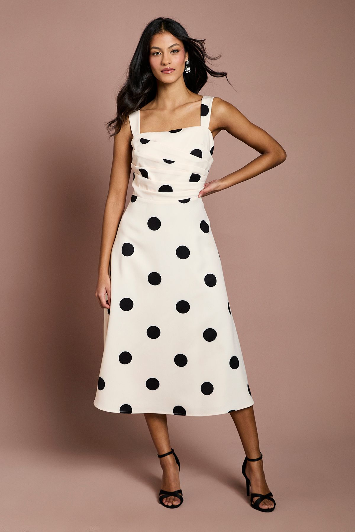 Coast Petite Spot Print Pleat Full Skirted Detail Midi Dress Ivory