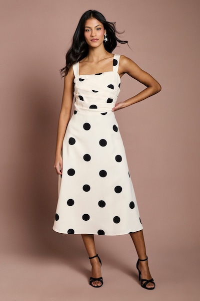 Coast Petite Spot Print Pleat Full Skirted Detail Midi Dress Ivory