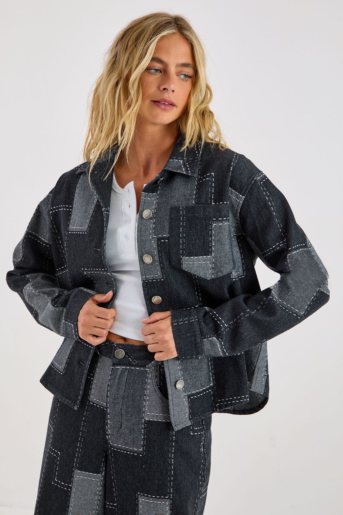 NastyGal Patchwork Denim Long Sleeve Oversized Shirt Black image 1