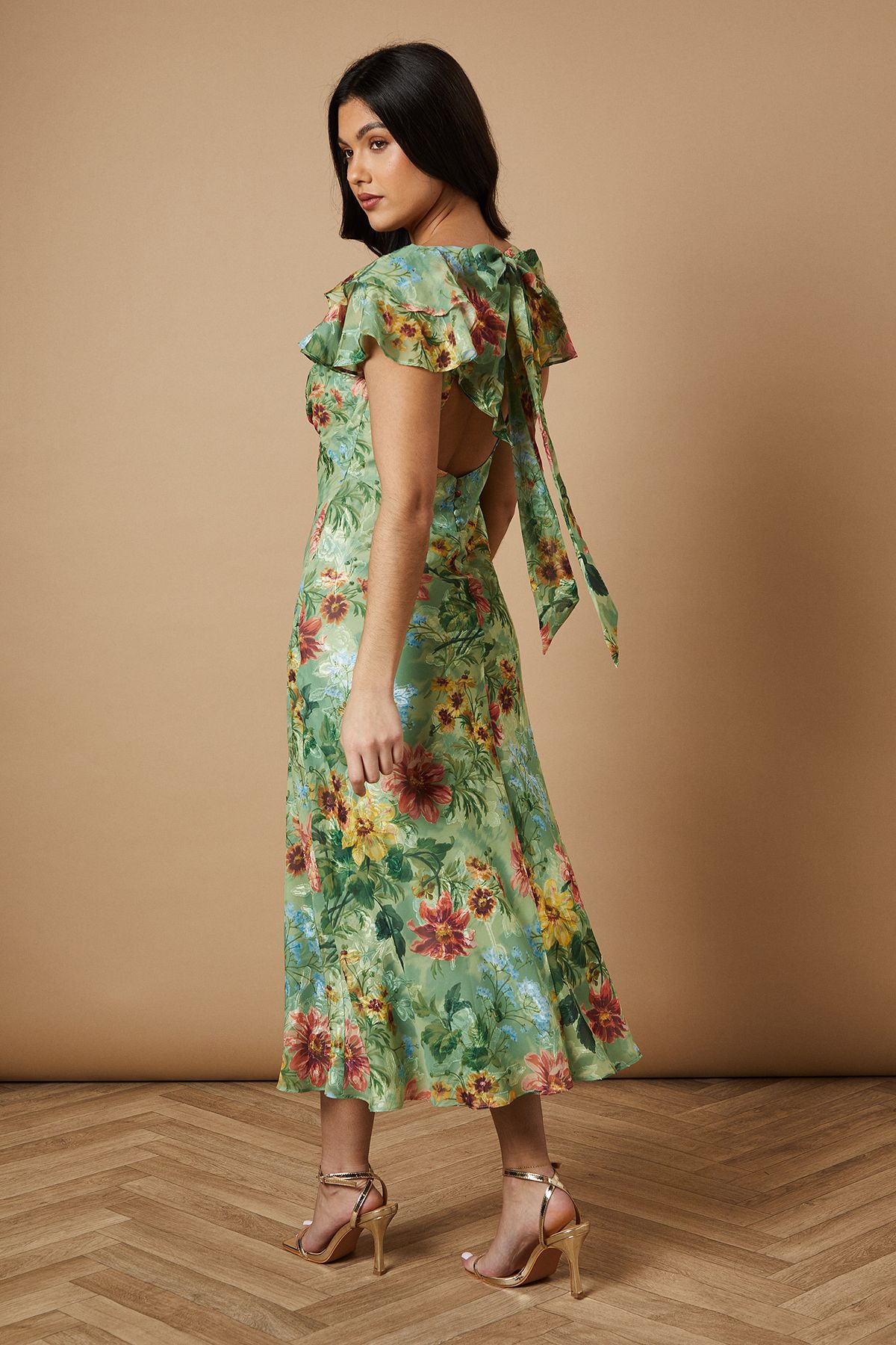 Oasis Floral Satin Burnout Ruffle Midi Dress Sage image 3