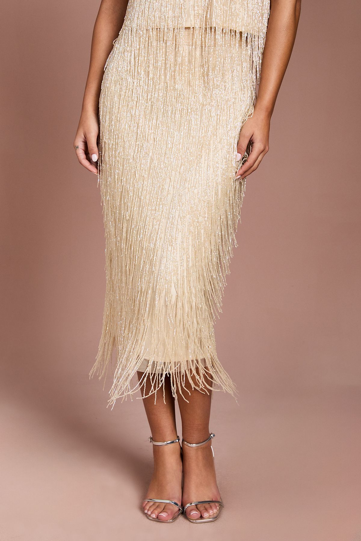 Coast Fringe Embellished Midi Skirt Champagne image 2