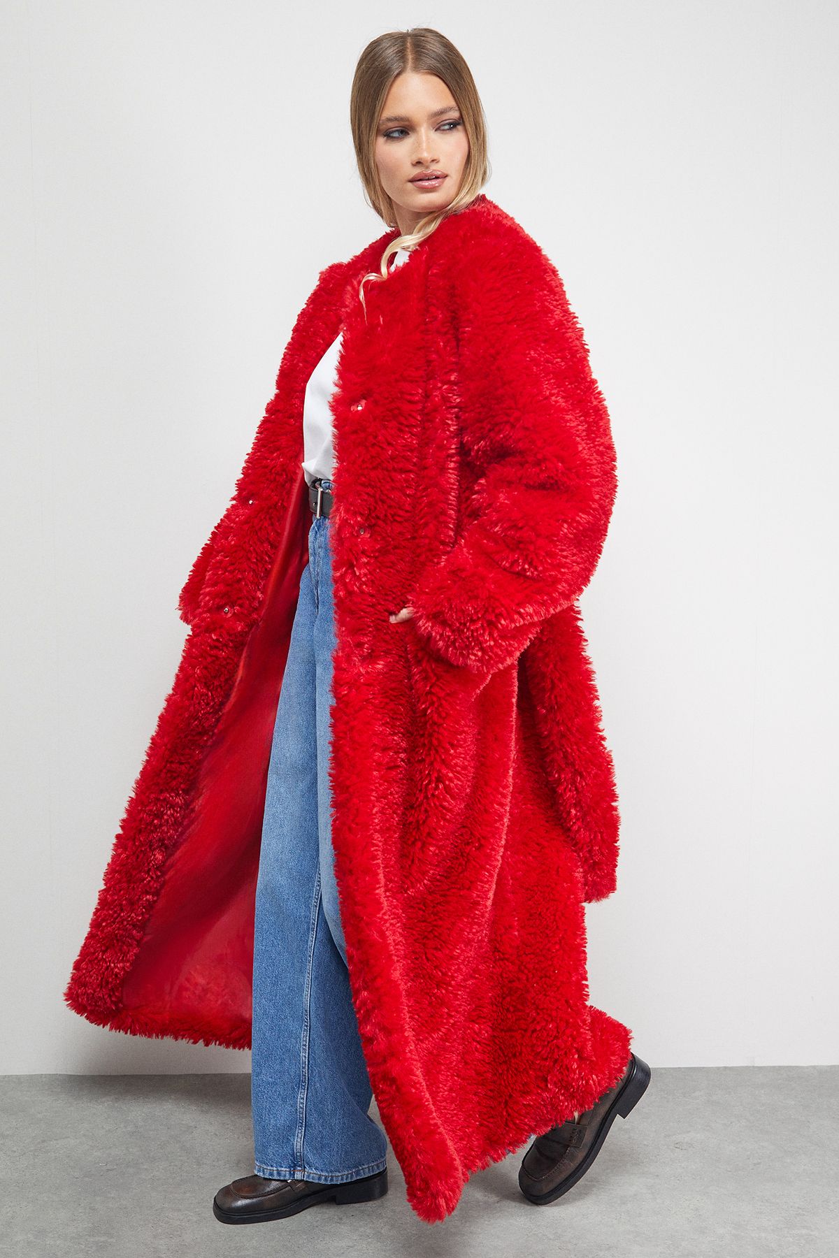Warehouse Red Maxi Belted Fur Coat Red image 4