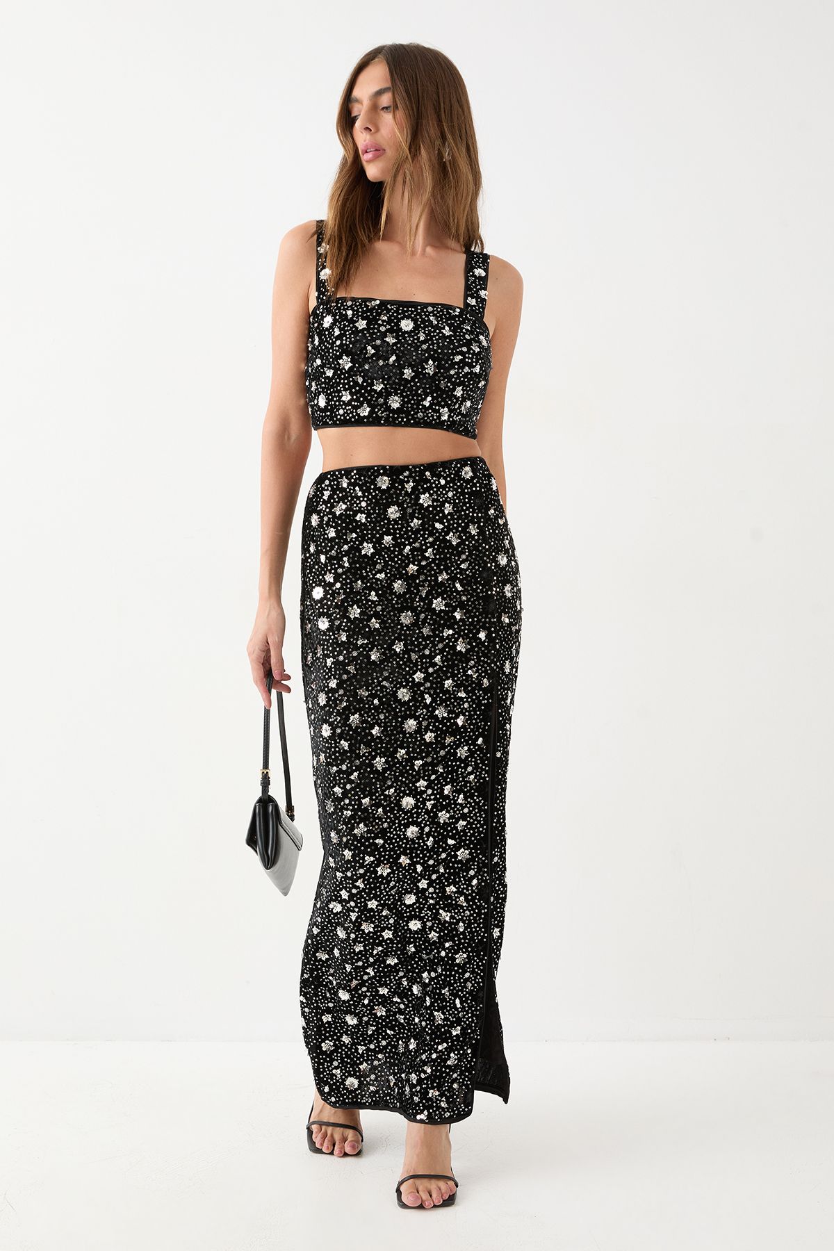 MissPap Premium Velvet Sequin Midaxi Skirt Black