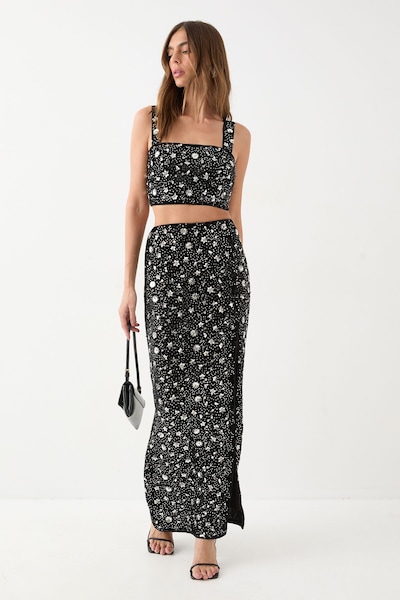 MissPap Premium Velvet Sequin Midaxi Skirt Black