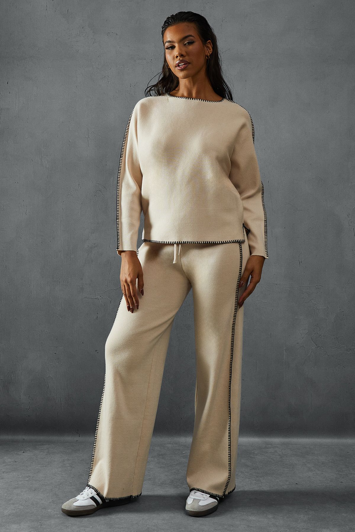MissPap Contrast Seam Detail Slash Neck Jumper & Trouser Set Stone image 1